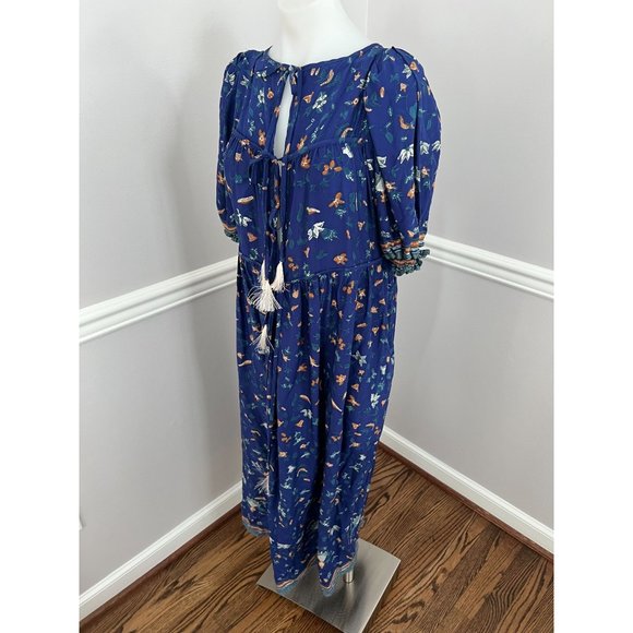 NATALIE MARTIN Haley Silk Short Sleeve Tassel Maxi Dress Blue Printed Size XS - Picture 6 of 6